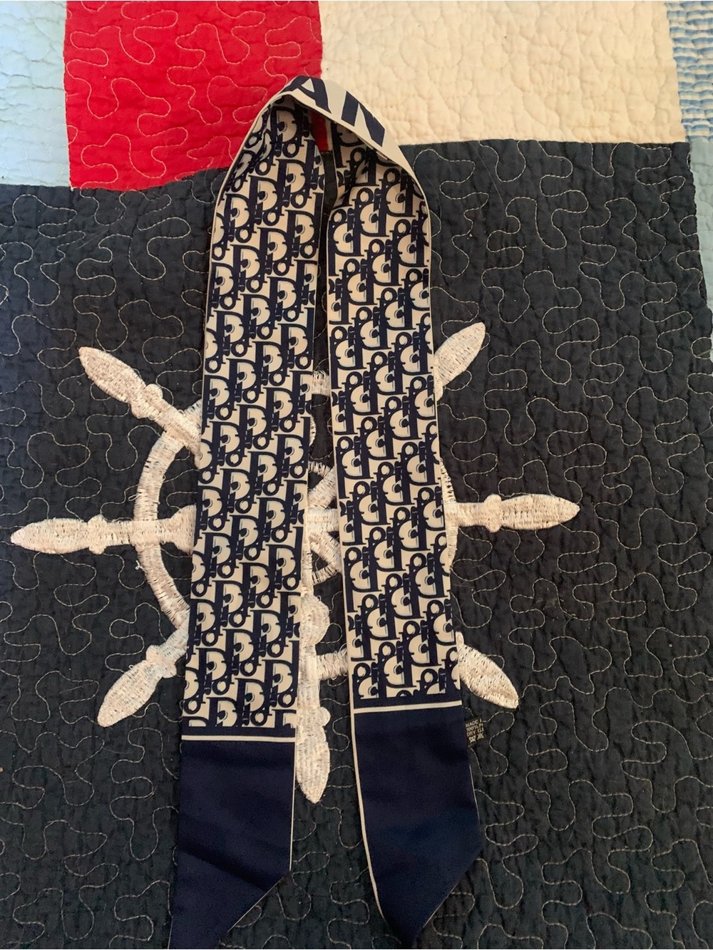 Dior Navy and White Monogram Silk Twilly Scarf
